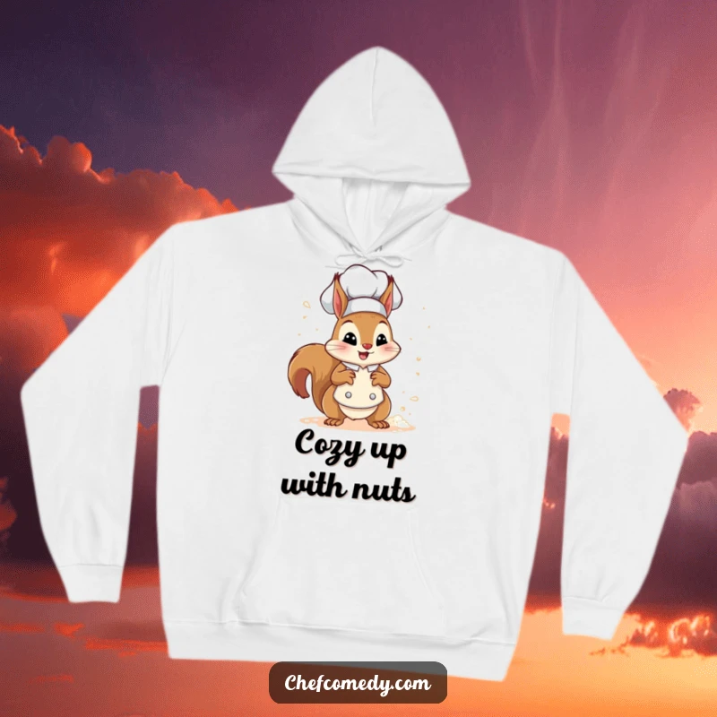 Funny squirrel chef in a happy chest puff, sprinkling flour, featured on a cozy hoodie for ultimate warmth and humor.