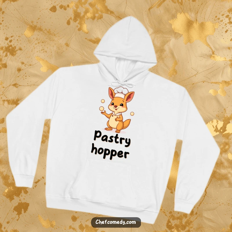 Funny kangaroo chef hoodie showing a happy marsupial baker juggling small dough balls, ideal for cozy culinary sessions.