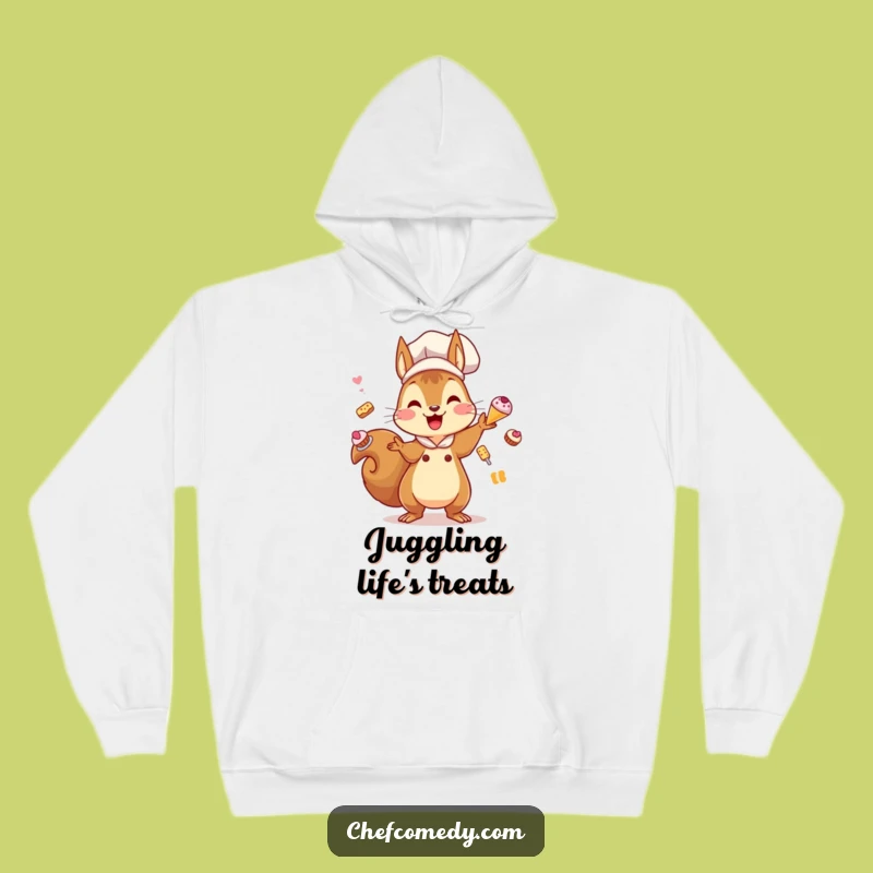 Funny Kawaii Squirrel Chef Hoodie: Cozy Juggling Vibes, Hilarious Gift for Pastry Fans!