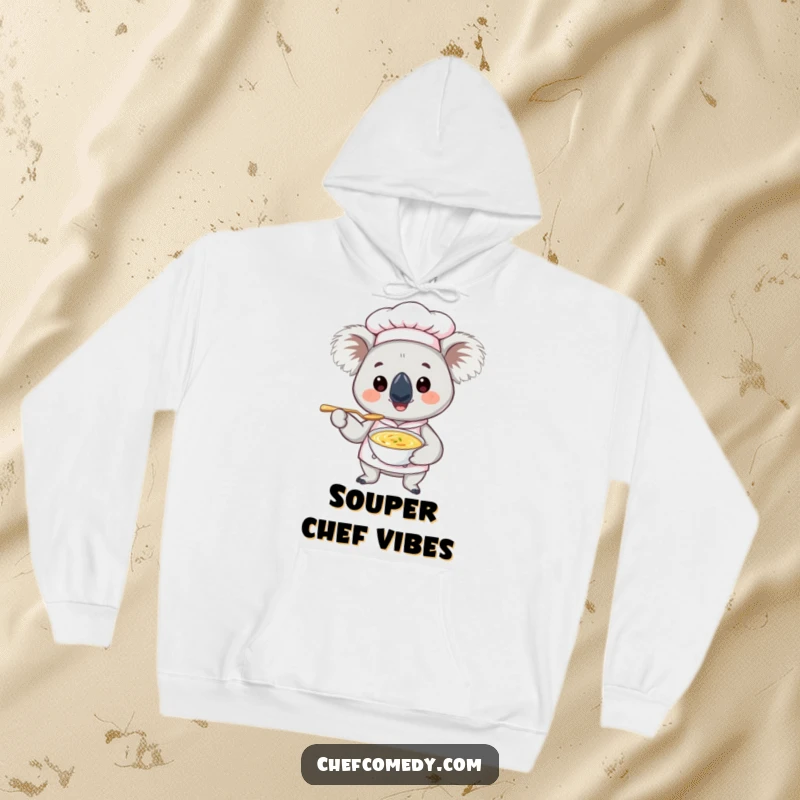Funny Koala Chef Hoodie: Adorable koala chef in a hat offers a tiny spoon of soup, radiating cozy humor and culinary charm.