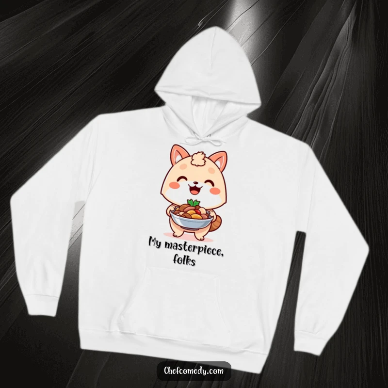 Funny kawaii animal hoodie, depicted with a proud smile, presenting a delicious dish it has expertly prepared.