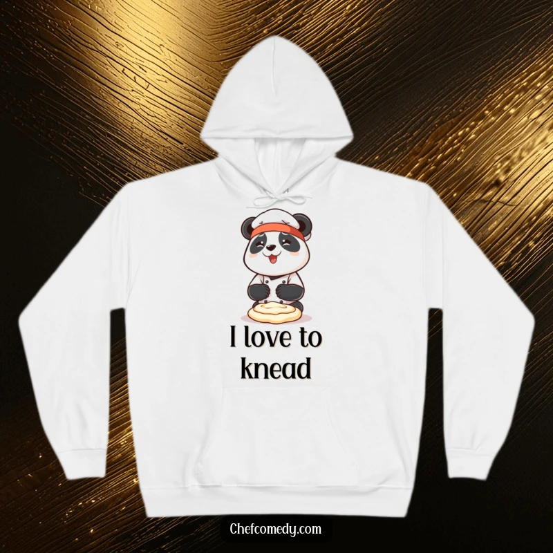 Funny panda chef character enthusiastically kneading dough with both paws, looking content, ideal for cozy gifts.