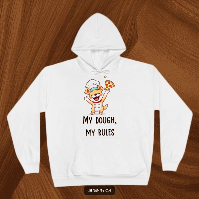Comfortable and funny dog chef hoodie, enthusiastically tossing a pizza dough high up, bringing warmth and laughter.