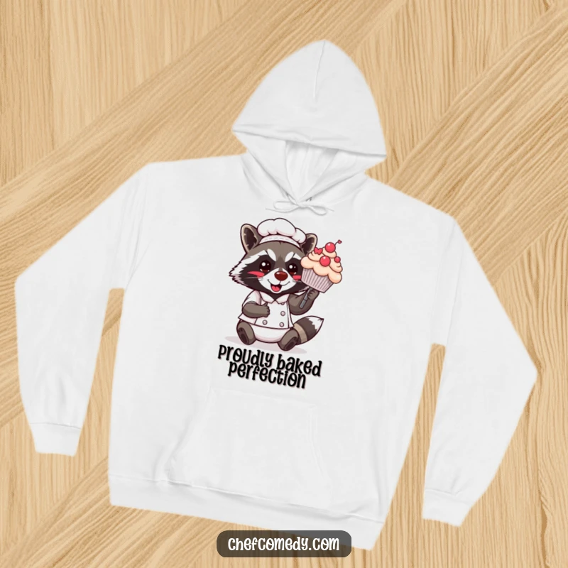 Funny Kawaii Raccoon Chef Hoodie: A cute raccoon chef is shown presenting a large, decorated cupcake, offering warmth and baking cheer.