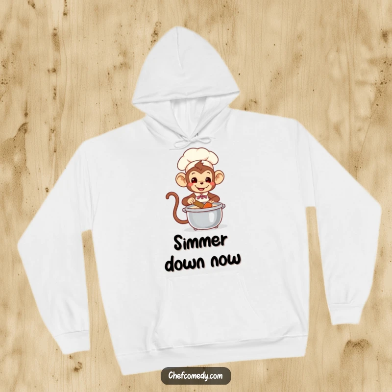 Funny Monkey Chef Hoodie: Playful monkey chef stirring a pot, ideal for warm, humorous lounging.