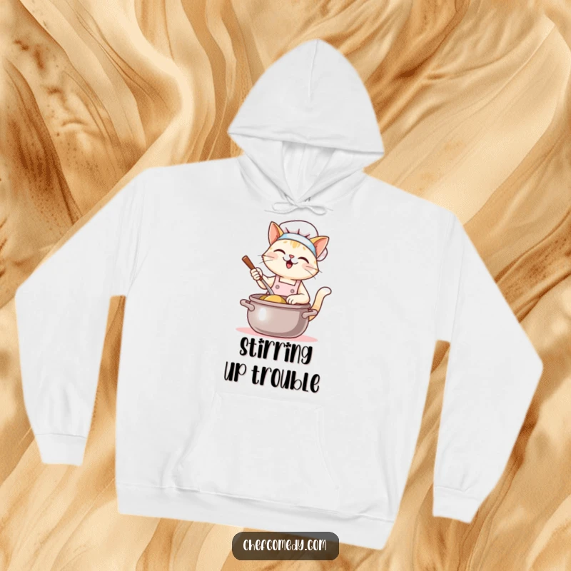 Funny Kawaii Cat Chef Hoodie: A cute cat chef happily stirs a giant pot. Cozy, comfortable, and full of adorable culinary humor.