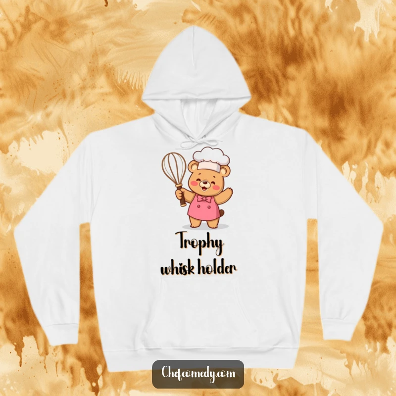 Funny Kawaii Bear Chef Hoodie, a happy cartoon bear holding a giant whisk like a trophy, a warm and humorous garment.