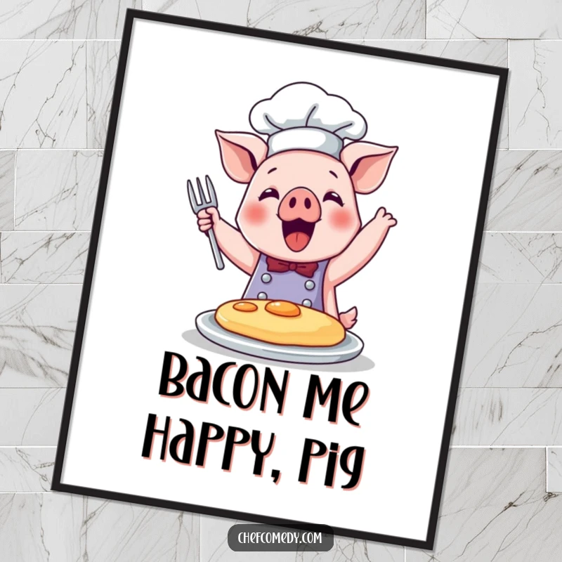 Funny Free Printable Pig Chef Pancake Wall Art: A cute pig chef joyfully flips a pancake.