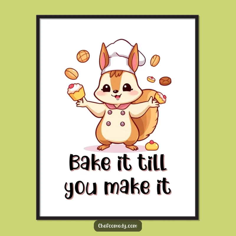 Funny Free Printable Wall Art: Kawaii Squirrel Chef Juggling Pastries Downloadable Art