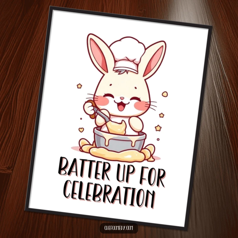 Funny Free Printable Wall Art features a rabbit chef enthusiastically mixing batter, bringing kitchen cheer.