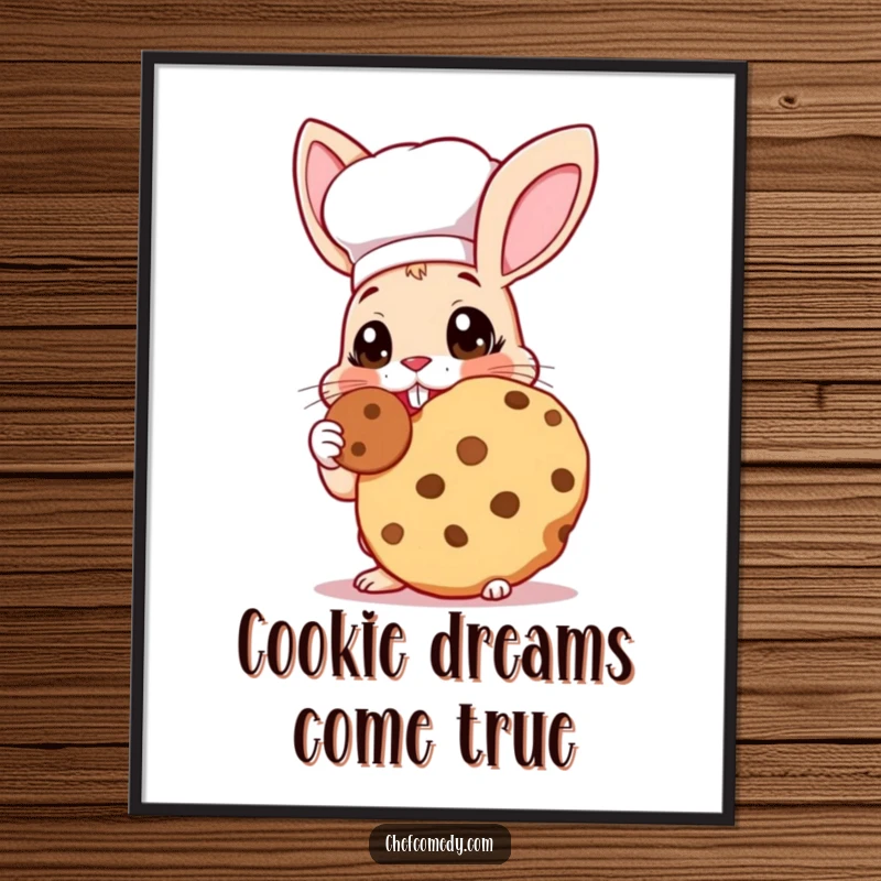 Funny Free Printable Wall Art: Rabbit chef with wide eyes happily tasting a giant cookie, adorable downloadable decor.