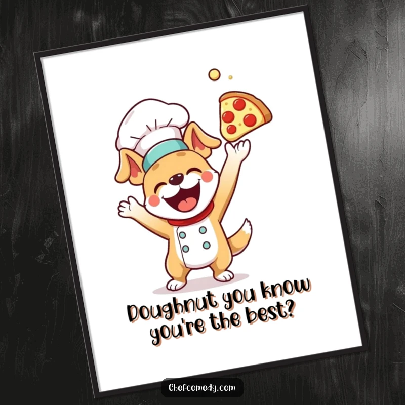 Funny Free Printable Dog Chef Wall Art: A playful dog chef tosses a pizza dough ball high into the kitchen air.