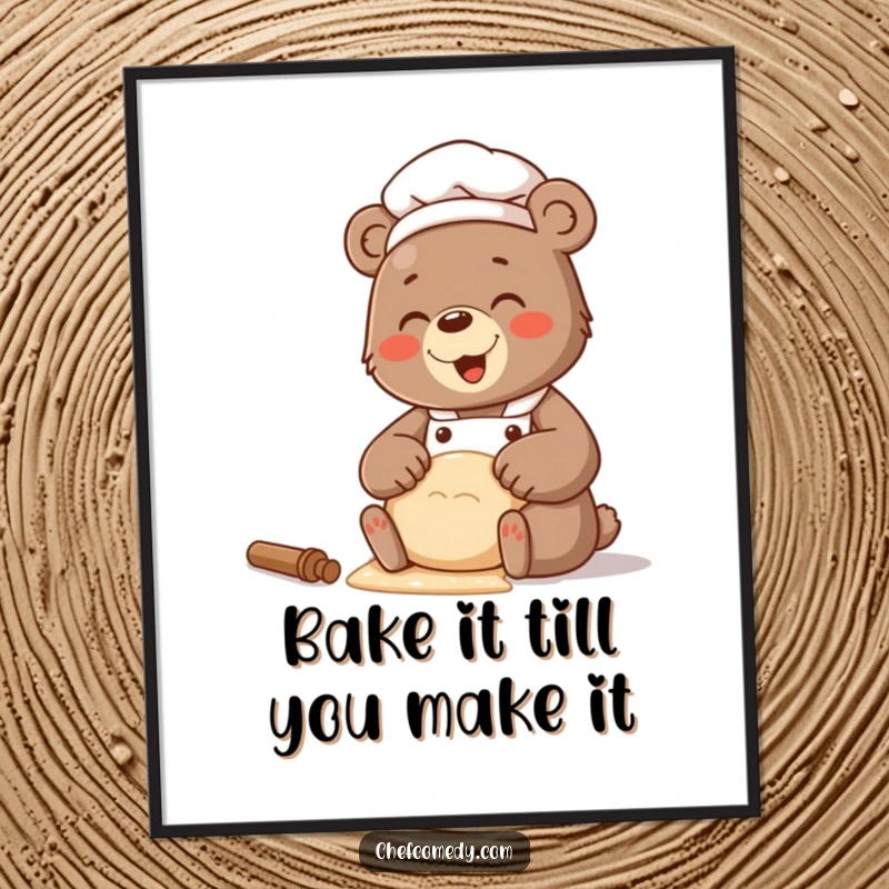Funny Free Printable Bear Chef Dough Wall Art: A bear chef giggling while kneading dough with delight.