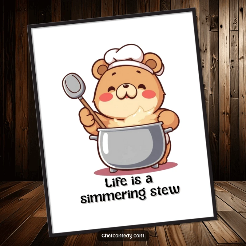 Funny Free Printable Wall Art: Enthusiastic bear chef stirs a bubbling pot, adding warmth and humor.