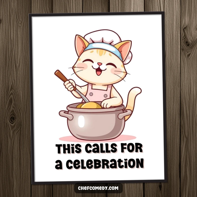 Funny Free Printable Wall Art: Kawaii cat chef wearing an apron, happily stirring a giant pot.
