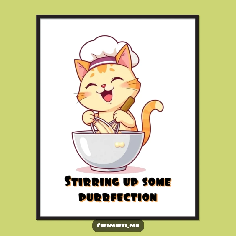 Free Printable Cat Chef Wall Art: Whisking Batter Kitchen Decor Downloadable