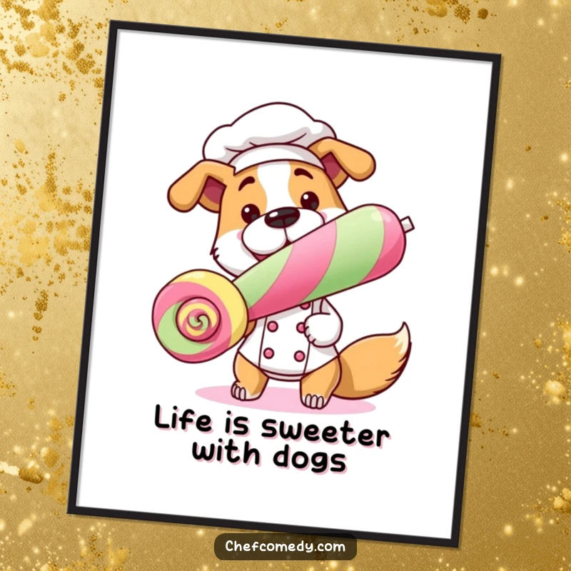 Funny free printable wall art of a dog chef proudly presenting a giant, colorful lollipop, a delightful addition to any room.