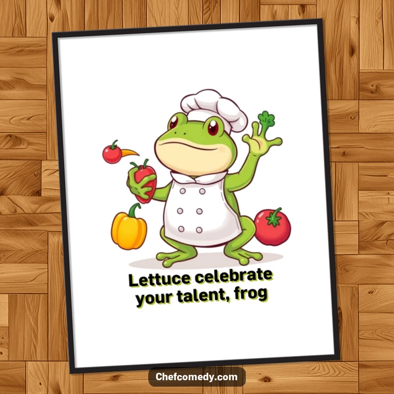 Funny Free Printable Wall Art: A charismatic frog chef energetically juggles vibrant vegetables, bringing kitchen joy.