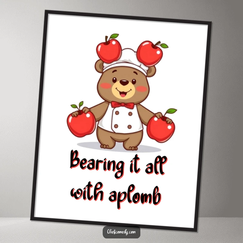 Funny Free Printable Bear Chef Wall Art: A proud bear gleefully juggles three bright red apples in a kitchen scene.