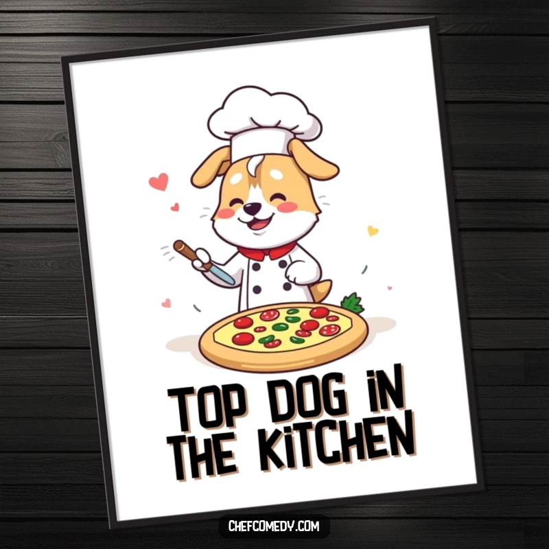 Funny free printable wall art: Kawaii dog chef gleefully crafting a pizza with speed and joy, perfect for a foodie's kitchen.