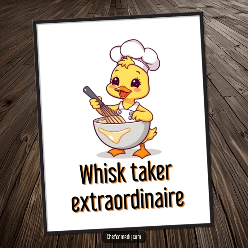 Funny free printable wall art: Kawaii duck chef energetically whisking a large bowl of batter with a joyful flourish.
