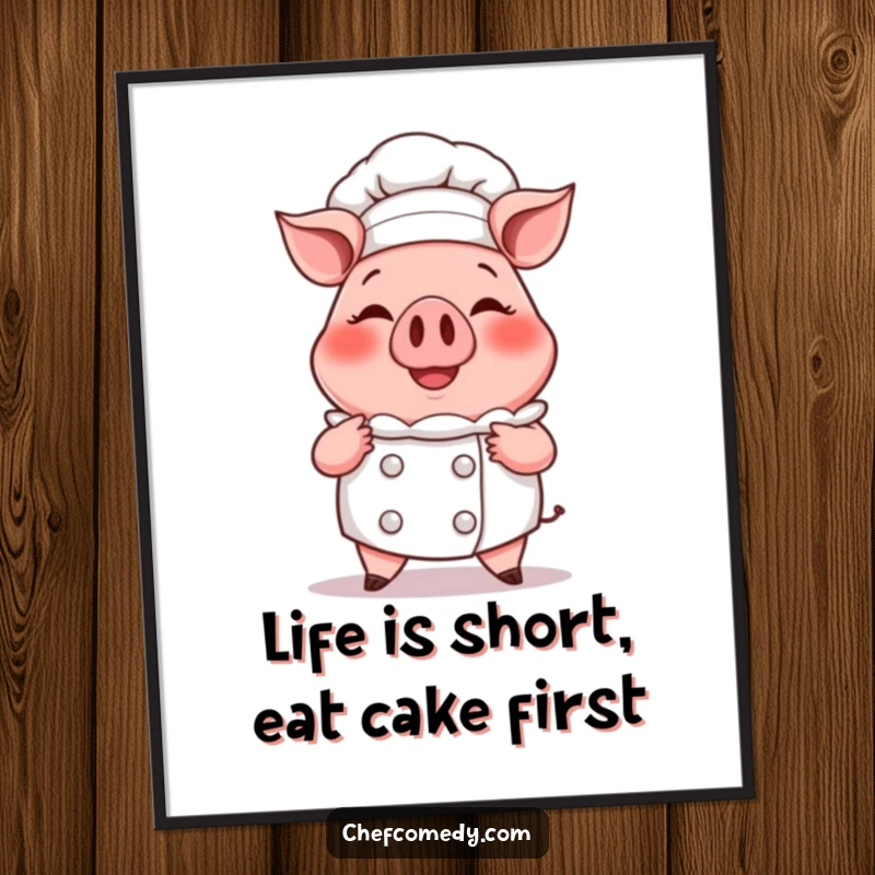 Funny Free Printable pig chef wall art, a smiling pig chef proudly presenting a steaming, oversized cupcake.