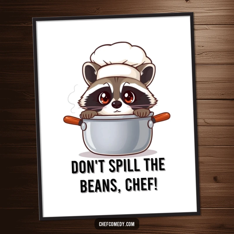 Funny Free Printable Raccoon Chef Art: A curious raccoon chef peers into a steaming pot, adding kitchen humor to your decor.