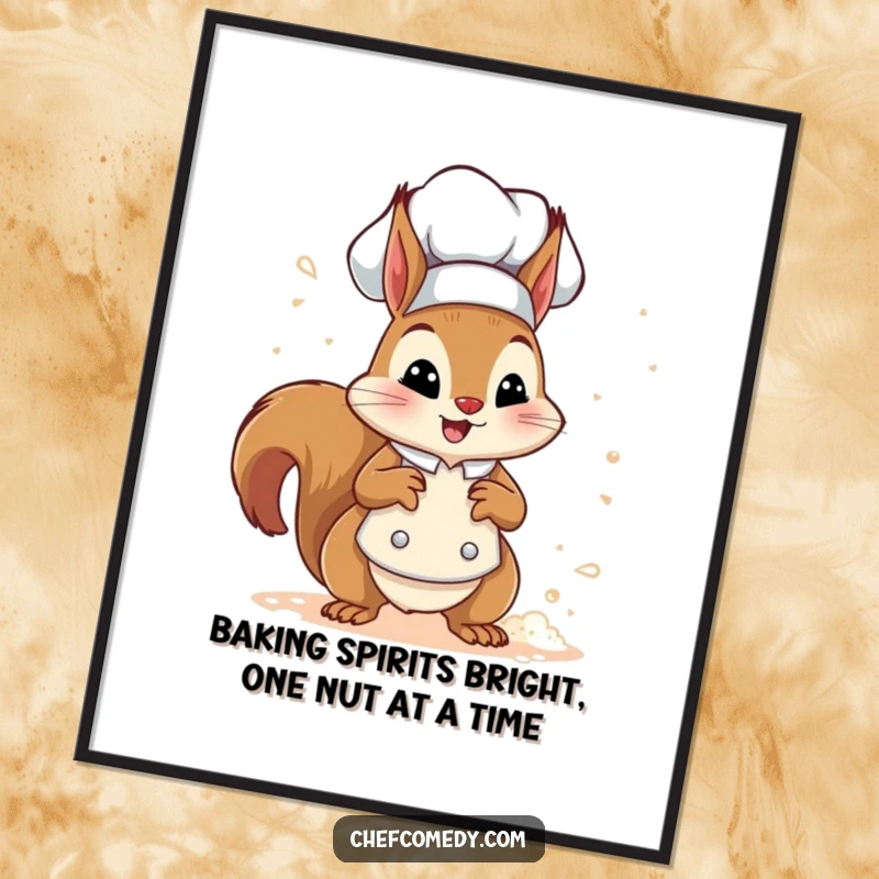 Funny Free Printable Squirrel Chef Art: A cheerful squirrel chef playfully sprinkles flour, bringing kitchen humor to your walls.