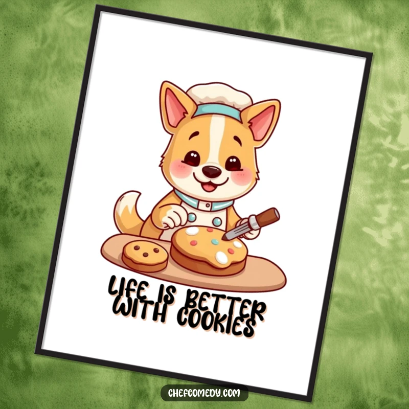 Funny Free Printable Wall Art shows a happy dog chef meticulously decorating a cookie, adding kitchen cheer.