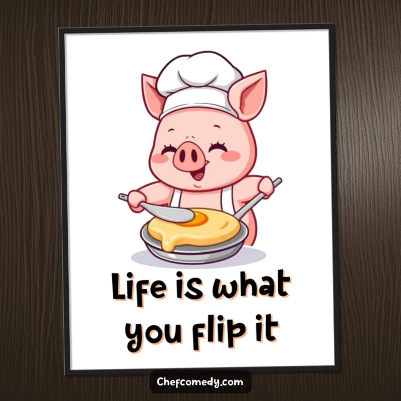 Funny Free Printable Wall Art: Cute Kawaii pig chef with immense concentration and glee flipping a perfectly golden pancake in mid-air.