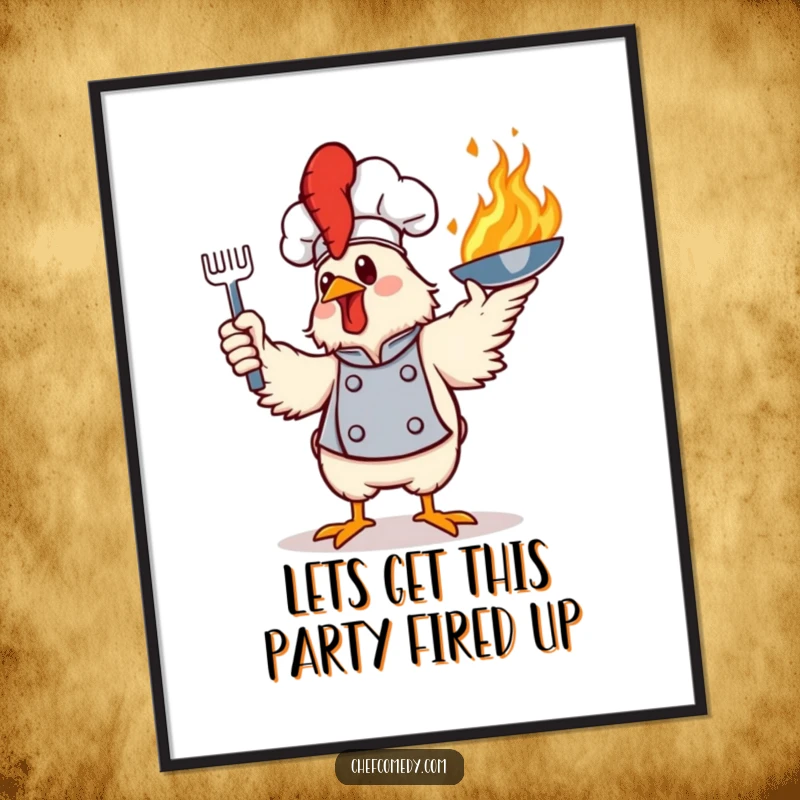 Funny Free Printable Wall Art: A chicken chef with gusto tosses a flaming frying pan, a bold and humorous kitchen statement.
