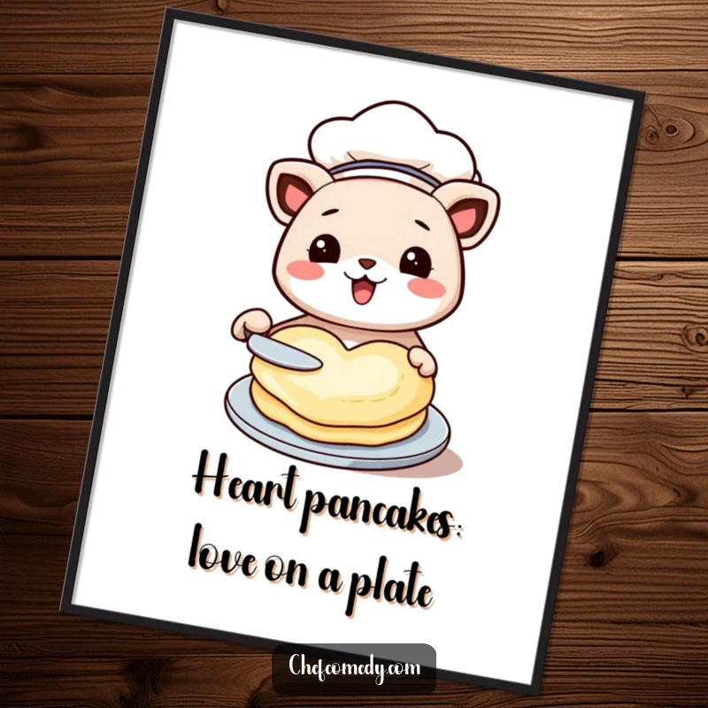 Funny Free Printable Wall Art: A kawaii animal chef wearing a hat, mid-flip with a lovely heart-shaped pancake.