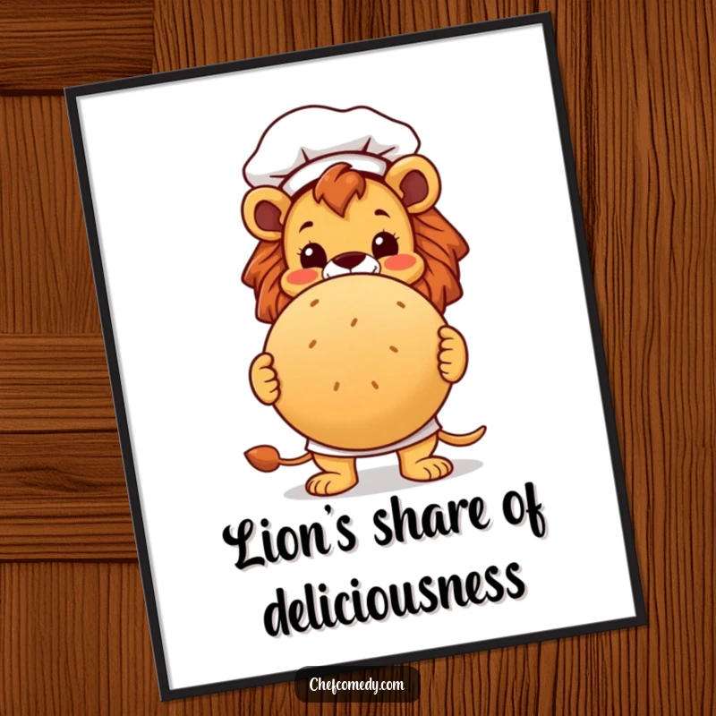 Funny Free Printable Wall Art: Enthusiastic lion chef proudly presents a giant, perfectly baked round bread loaf, ready to impress.