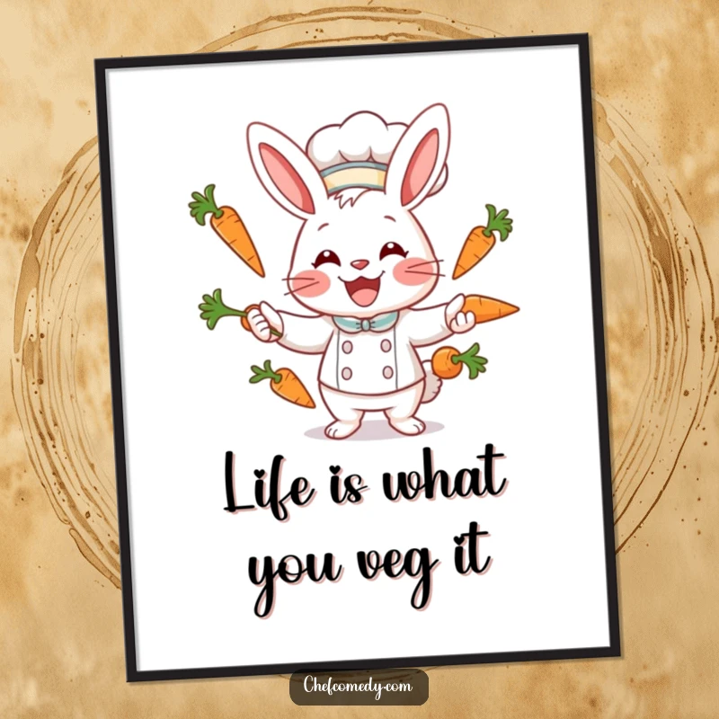 Funny Free Printable Wall Art: Energetic rabbit chef with a wide smile, skillfully juggling multiple carrots, bringing joy and fun.