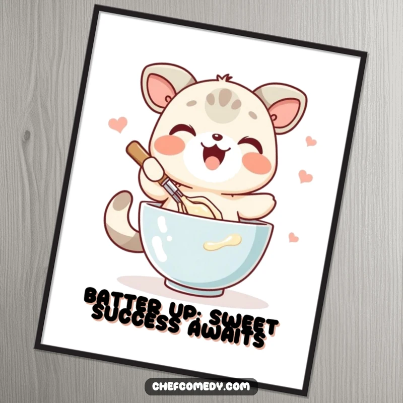 Funny Free Printable Wall Art: A kawaii animal happily whisking batter in a bowl with a determined, joyful expression.