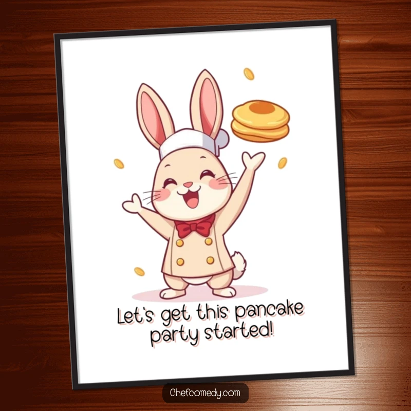Funny Free Printable Wall Art: A cheerful rabbit chef enthusiastically tossing a giant pancake high in the air.