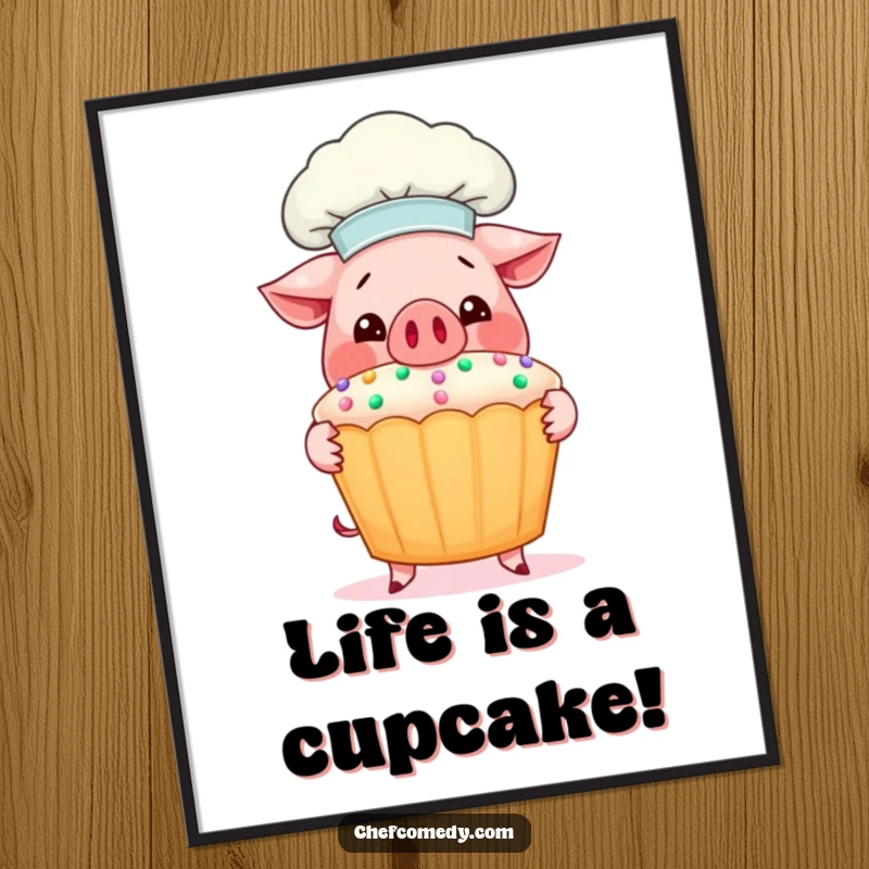 Funny Free Printable Wall Art: Smiling pig chef proudly displays a massive cupcake, adding kitchen charm.