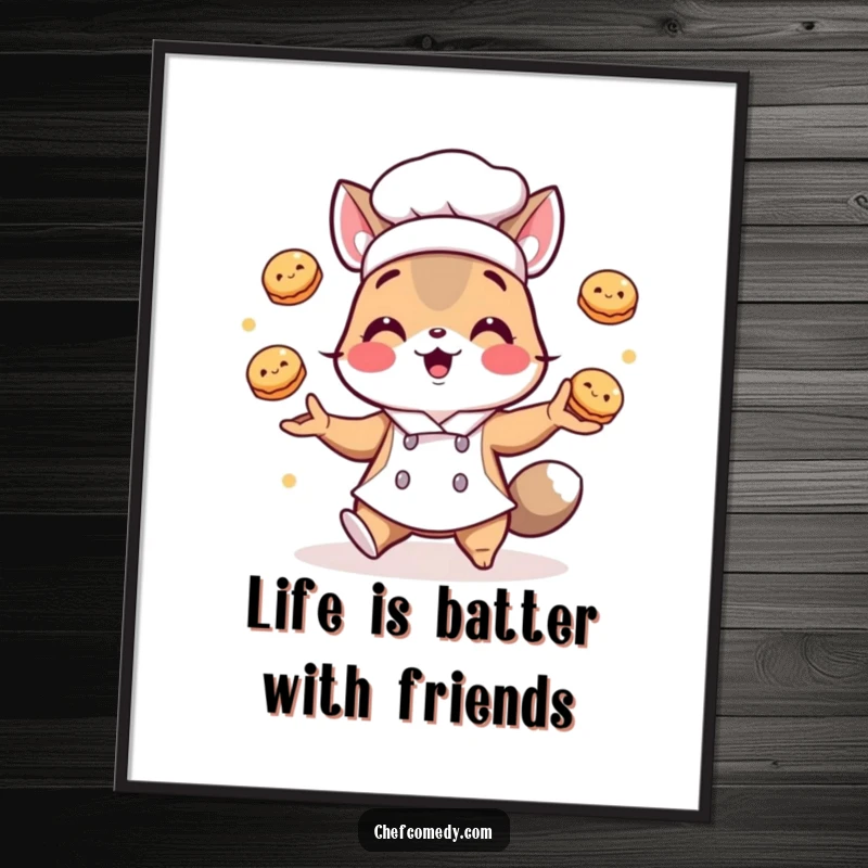 Funny Free Printable Chef Animal Wall Art: A chef animal playfully juggles small pastries. Whimsical and charming downloadable decor.