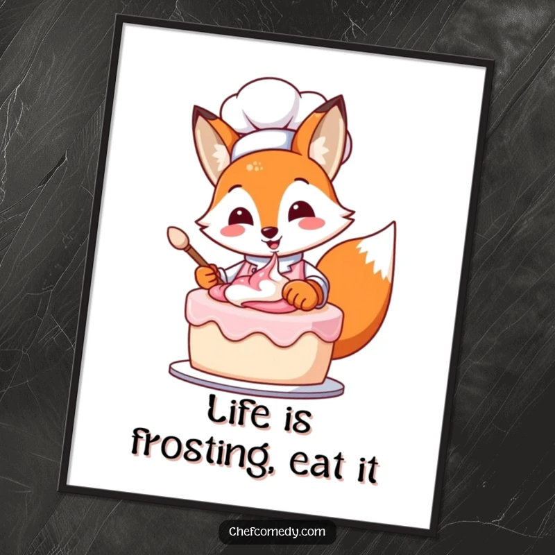Funny free printable wall art of a cheerful fox chef frosting a cake, designed to bring smiles to any kitchen.