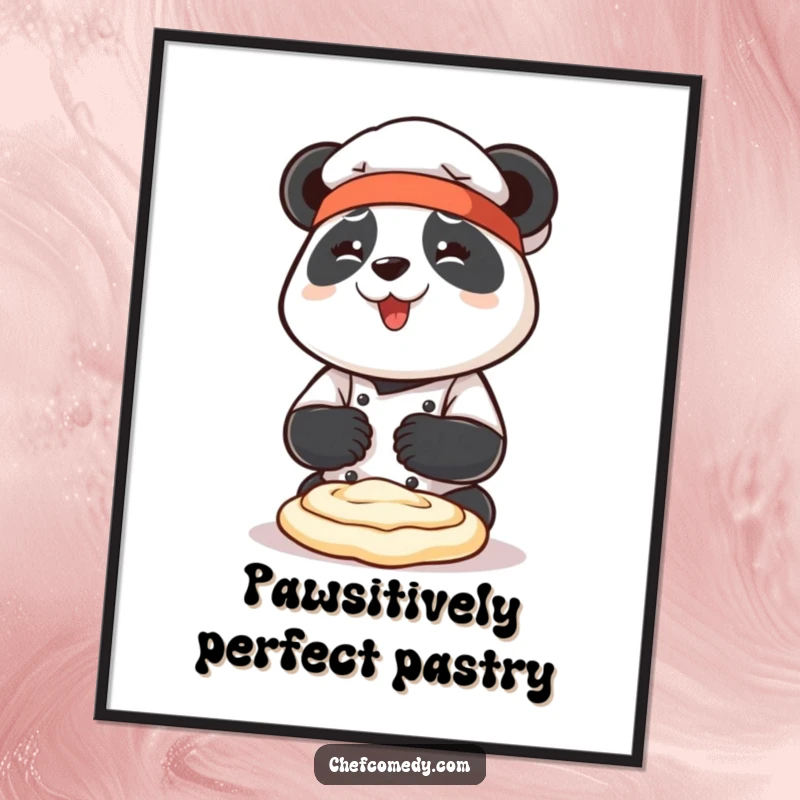 Funny Free Printable Wall Art: Adorable panda chef kneading a large mound of dough with both paws, looking extremely happy and focused.