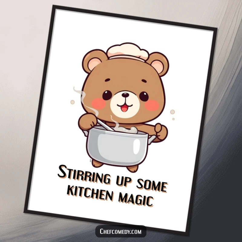 Funny free printable wall art of a bear chef enthusiastically stirring a steaming pot, a perfect piece for foodie decor.