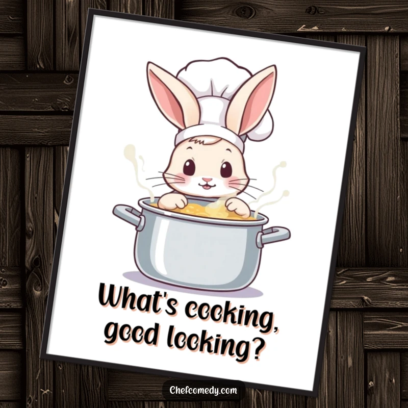 Funny Free Printable Rabbit Chef Wall Art: A curious rabbit chef peers into a mysterious, bubbling pot with wide eyes.