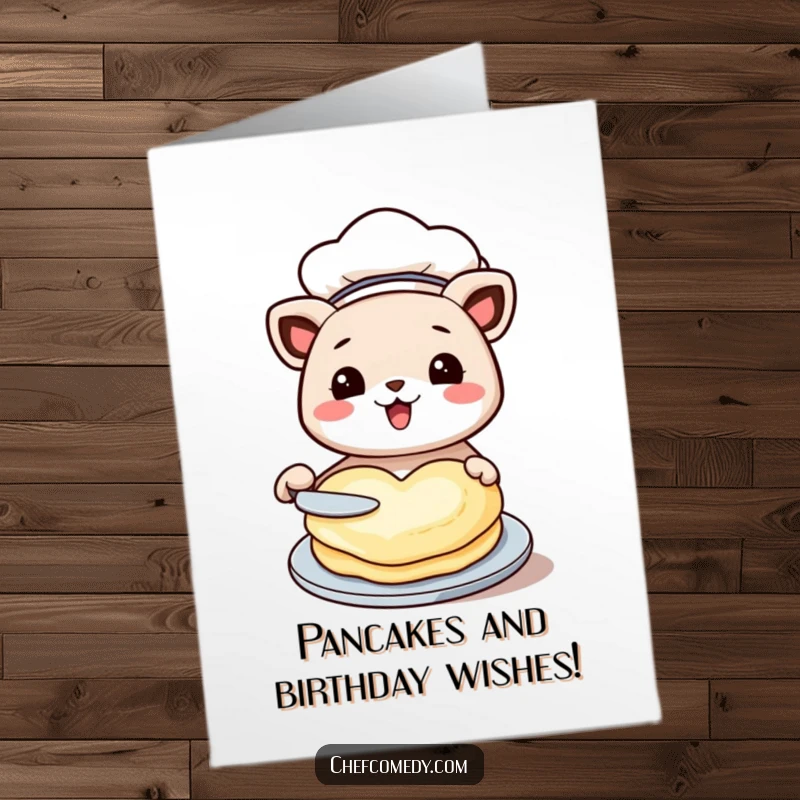 Funny Free Printable Birthday Card: Kawaii animal chef in hat, joyfully flipping a perfectly heart-shaped pancake.