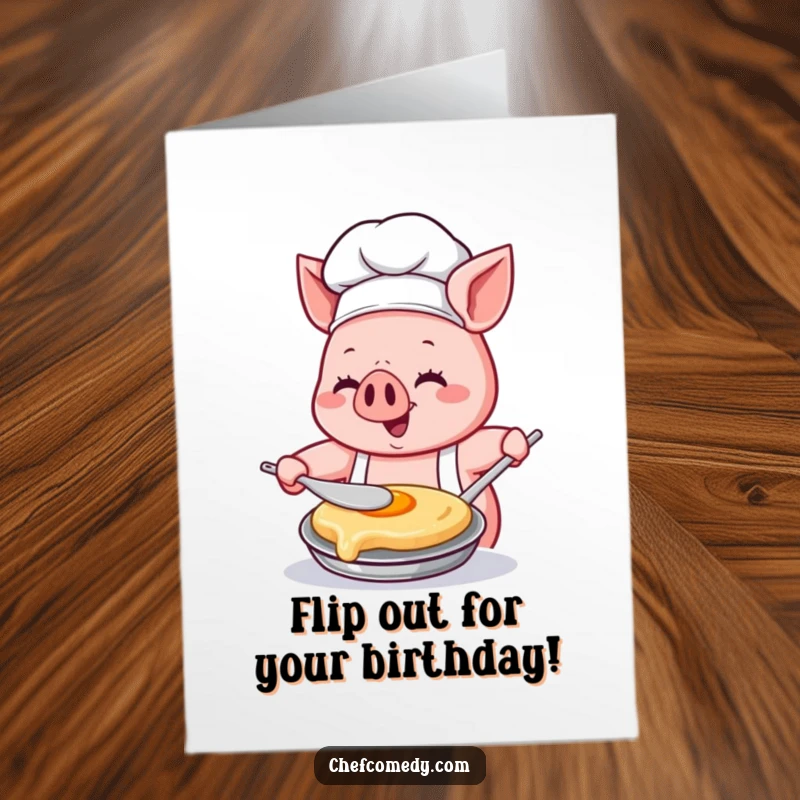 Funny Free Printable Birthday Card: Adorable Kawaii pig chef with intense focus and glee flipping a tall pancake perfectly.