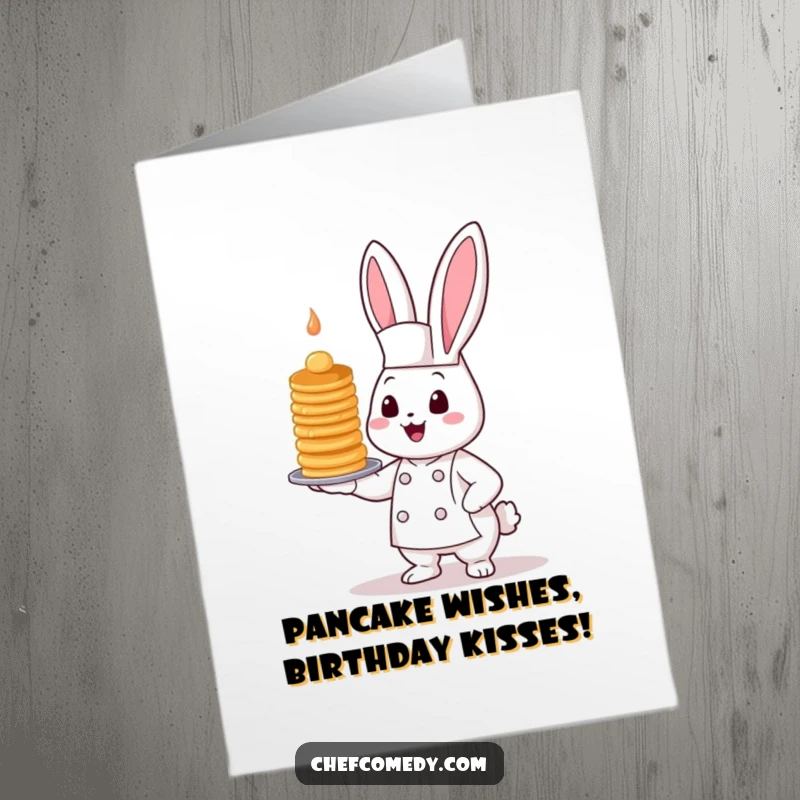 Funny Free Printable Bunny Chef Birthday Card, offering a towering, wobbly pancake stack, ready to delight any recipient.