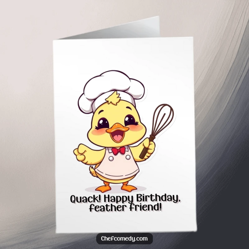 Funny Free Printable Duck Chef Card: An excited duck chef in an apron holds a whisk, ready for birthday baking.