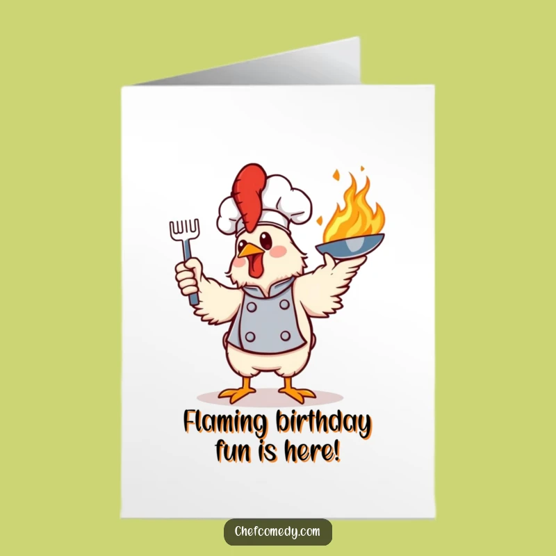 Free Printable Funky Chicken Birthday Card: Flaming Pan Surprise Downloadable