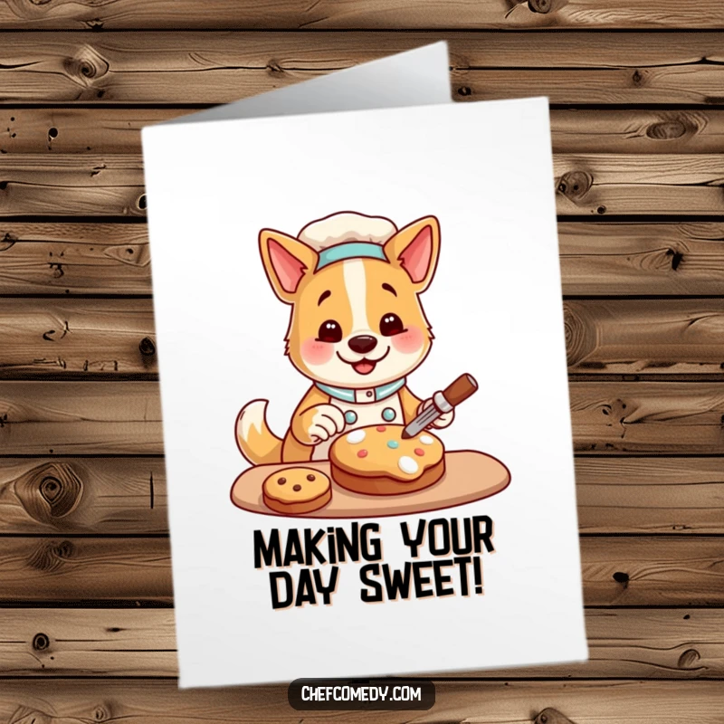 Funny Free Printable Birthday Card: a happy dog chef joyfully decorating a cookie, wishing a sweet birthday.