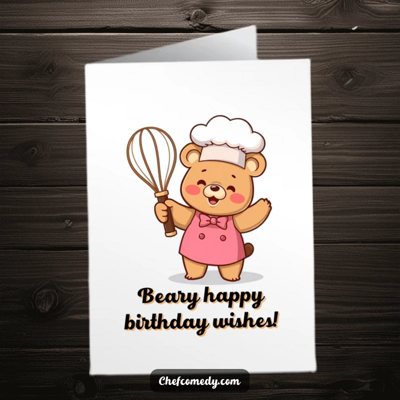 Funny free printable birthday card: Kawaii bear chef proudly holding a giant whisk like a trophy, celebrating a successful year.