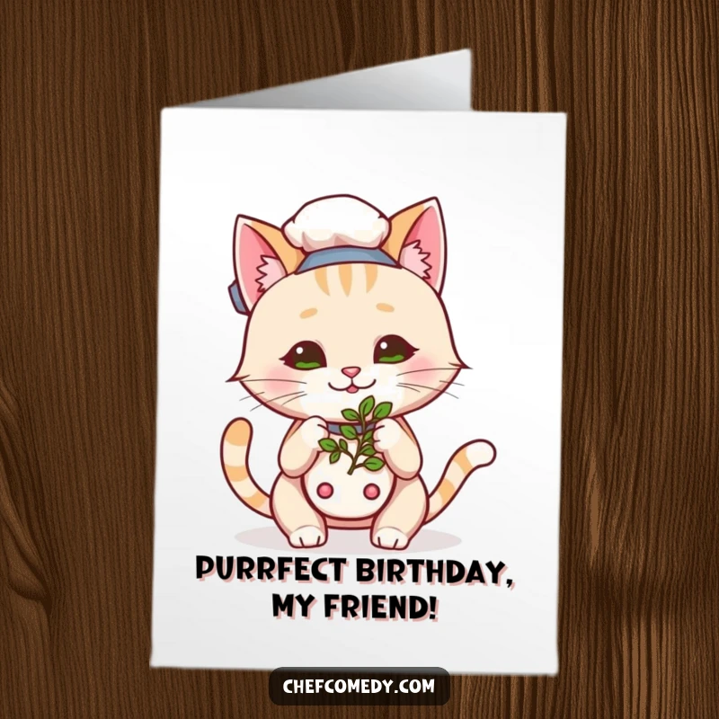 Funny free printable birthday card: Kawaii cat chef with a big smile curiously sniffing a herb, embodying birthday joy and aroma.
